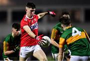 4 March 2020; Blake Murphy of Cork prepares to shoot under pressure from Kerry players, from left, Owen Fitzgerald, Seán O'Brien, and Dan McCarthy during the EirGrid Munster GAA Football U20 Championship Final match between Kerry and Cork at Austin Stack Park in Tralee, Kerry. Photo by Piaras Ó Mídheach/Sportsfile