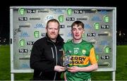 4 March 2020; Ruaidhrí Ó Beaglaoich of Kerry receives the Man of the Match Award from EirGrid Community and Agricultural Officer Eoghan O’Sullivan following the EirGrid Munster GAA Football U20 Championship Final match between Cork and Kerry at Austin Stack Park in Tralee, Kerry. Photo by Piaras Ó Mídheach/Sportsfile