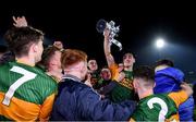 4 March 2020; Kerry captain Paul O'Shea holds the cup aloft as he celebrates with his team-mates after the EirGrid Munster GAA Football U20 Championship Final match between Kerry and Cork at Austin Stack Park in Tralee, Kerry. Photo by Piaras Ó Mídheach/Sportsfile