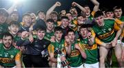4 March 2020; Kerry captain Paul O'Shea holds the cup as he celebrates alongside his team-mates after the EirGrid Munster GAA Football U20 Championship Final match between Kerry and Cork at Austin Stack Park in Tralee, Kerry. Photo by Piaras Ó Mídheach/Sportsfile