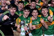 4 March 2020; Kerry captain Paul O'Shea, 13, celebrates alongside his team-mates after the EirGrid Munster GAA Football U20 Championship Final match between Kerry and Cork at Austin Stack Park in Tralee, Kerry. Photo by Piaras Ó Mídheach/Sportsfile