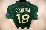 5 March 2020; The jersey of Kyra Carusa hangs in the Republic of Ireland changing room prior to the UEFA Women's 2021 European Championships Qualifier match between Republic of Ireland and Greece at Tallaght Stadium in Dublin. Photo by Stephen McCarthy/Sportsfile