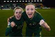 5 March 2020; Denise O'Sullivan of Republic of Ireland, left, with team-mate Louise Quinn celebrate following the UEFA Women's 2021 European Championships Qualifier match between Republic of Ireland and Greece at Tallaght Stadium in Dublin. Photo by Stephen McCarthy/Sportsfile
