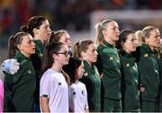 5 March 2020; Republic of Ireland players, from left, Katie McCabe, Marie Hourihan, Heather Payne, Harriet Scott, Louise Quinn, Niamh Fahey and Diane Caldwell during Amhrán na bhFiann prior to the UEFA Women's 2021 European Championships Qualifier match between Republic of Ireland and Greece at Tallaght Stadium in Dublin. Photo by Seb Daly/Sportsfile