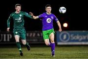 6 March 2020; Dylan Duffy of Shamrock Rovers II in action against Eoin Massey of Cabinteely during the SSE Airtricity League First Division match between Cabinteely and Shamrock Rovers II at Stradbrook Road in Blackrock, Dublin. Photo by Piaras Ó Mídheach/Sportsfile