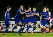 6 March 2020; Sam Bone of Waterford United, Centre, celebrates after scoring his side's first goal during the SSE Airtricity League Premier Division match between Waterford and Derry City at RSC in Waterford. Photo by Michael P Ryan/Sportsfile