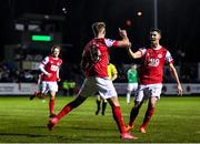 6 March 2020; Billy King of St Patrick's Athletic, 15, celebrates with team-mate Shane Griffin after scoring his side's first goal after scoring his side's during the SSE Airtricity League Premier Division match between St Patrick's Athletic and Cork City at Richmond Park in Dublin. Photo by Seb Daly/Sportsfile