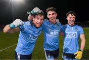 6 March 2020; Dublin players, from left, Conor Kinsella, Lee Gannon and Conor Tyrell celebrate following  the EirGrid Leinster GAA Football U20 Championship Final match between Laois and Dublin at Netwatch Cullen Park in Carlow. Photo by Matt Browne/Sportsfile