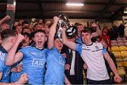 6 March 2020; Dublin captain Rory Dwyer, left, and injured captain Brian O'Leary lift the cup following the EirGrid Leinster GAA Football U20 Championship Final match between Laois and Dublin at Netwatch Cullen Park in Carlow. Photo by Matt Browne/Sportsfile