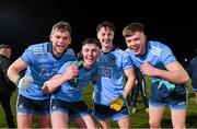 6 March 2020; Dublin players, from left, Conor Kinsella, Adam Waddick, Conor Tyrell and Adam Fearon celebrate following the EirGrid Leinster GAA Football U20 Championship Final match between Laois and Dublin at Netwatch Cullen Park in Carlow. Photo by Matt Browne/Sportsfile