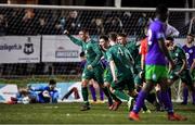6 March 2020; Shane Barnes of Cabinteely, left, celebrates scoring his side's first goal during the SSE Airtricity League First Division match between Cabinteely and Shamrock Rovers II at Stradbrook Road in Blackrock, Dublin. Photo by Piaras Ó Mídheach/Sportsfile