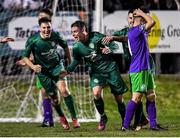 6 March 2020; Shane Barnes of Cabinteely, centre, celebrates scoring his side's first goal during the SSE Airtricity League First Division match between Cabinteely and Shamrock Rovers II at Stradbrook Road in Blackrock, Dublin. Photo by Piaras Ó Mídheach/Sportsfile