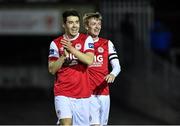 6 March 2020; Lee Desmond, left, and Chris Forrester of St Patrick's Athletic following their side's victory during the SSE Airtricity League Premier Division match between St Patrick's Athletic and Cork City at Richmond Park in Dublin. Photo by Seb Daly/Sportsfile