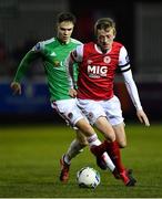 6 March 2020; Chris Forrester of St Patrick's Athletic in action against Cian Coleman of Cork City during the SSE Airtricity League Premier Division match between St Patrick's Athletic and Cork City at Richmond Park in Dublin. Photo by Seb Daly/Sportsfile