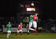 6 March 2020; Cian Coleman of Cork City in action against Chris Forrester of St Patrick's Athletic during the SSE Airtricity League Premier Division match between St Patrick's Athletic and Cork City at Richmond Park in Dublin. Photo by Seb Daly/Sportsfile