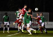 6 March 2020; Luke McNally of St Patrick's Athletic and Alec Byrne of Cork City both contest a cross during the SSE Airtricity League Premier Division match between St Patrick's Athletic and Cork City at Richmond Park in Dublin. Photo by Seb Daly/Sportsfile