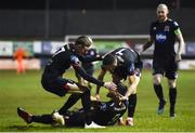 6 March 2020; Patrick Hoban of Dundalk, bottom, celebrates after scoring his side's first goal with team-mates Daniel Kelly, left, and Michael Duffy during the SSE Airtricity League Premier Division match between Finn Harps and Dundalk at Finn Park in Ballybofey, Donegal. Photo by Ben McShane/Sportsfile