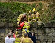 7 March 2020; Members of the Dublin Fire Brigade, Phibsborough Station, rescue a dog trapped on a Phoenix Park crag after he became trapped, from the Islandbridge roadside. Photo by Stephen McCarthy/Sportsfile