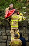 7 March 2020; Members of the Dublin Fire Brigade, Phibsborough Station, rescue a dog trapped on a Phoenix Park crag after he became trapped, from the Islandbridge roadside. Photo by Stephen McCarthy/Sportsfile