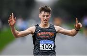 7 March 2020; David Kenny of Farranfore Maine Valley AC, Kerry, crosses the finish line in second place, to become National Champion, at the Irish Life Health National 20k Walks Championships at St Anne's Park in Raheny, Dublin. Photo by Ramsey Cardy/Sportsfile