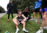 7 March 2020; David Kenny of Farranfore Maine Valley AC, Kerry, is congratulated by coach Rob Heffernan, right, following the Irish Life Health National 20k Walks Championships at St Anne's Park in Raheny, Dublin. Photo by Ramsey Cardy/Sportsfile