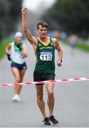 7 March 2020; Wayne Snyman of South Africa celebrates winning the Irish Life Health National 20k Walks Championships at St Anne's Park in Raheny, Dublin. Photo by Ramsey Cardy/Sportsfile