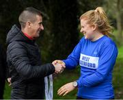 7 March 2020; Kate Veale of West Waterford AC, Waterford, is presented with her National Champion medal by Rob Heffernan following the Irish Life Health National 20k Walks Championships at St Anne's Park in Raheny, Dublin. Photo by Ramsey Cardy/Sportsfile