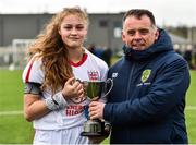 7 March 2020; Mikayla Wildgoose of England is presented with the John Read Trophy by FAI Schools Chairperson Robert Moran following the Women's Under-15s John Read Trophy match between Republic of Ireland and England at FAI National Training Centre in Dublin. Photo by Sam Barnes/Sportsfile