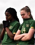7 March 2020; Rola Olusola, left, and Heidi O’Sullivan of Republic of Ireland dejected following the Women's Under-15s John Read Trophy match between Republic of Ireland and England at FAI National Training Centre in Dublin. Photo by Sam Barnes/Sportsfile