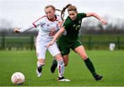 7 March 2020; Tara O’Hanlon of Republic of Ireland in action against Leonie Telford of England during the Women's Under-15s John Read Trophy match between Republic of Ireland and England at FAI National Training Centre in Dublin. Photo by Sam Barnes/Sportsfile