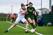 7 March 2020; Heidi O’Sullivan of Republic of Ireland in action against Mikayla Wildgoose of England during the Women's Under-15s John Read Trophy match between Republic of Ireland and England at FAI National Training Centre in Dublin. Photo by Sam Barnes/Sportsfile