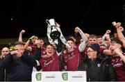 7 March 2020; Galway captain Jack Glynn, left, lifts the trophy following his side's victory during the EirGrid Connacht GAA Football U20 Championship Final match between Galway and Roscommon at Tuam Stadium in Tuam, Galway. Photo by Seb Daly/Sportsfile