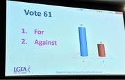 7 March 2020; A general view of the result of motion 61 - which passed - which awards two points for a '45 metre kick, gained when the opposition puts the ball over their own endline, and is kicked off the ground and over the bar, which comes into effect on May 1 2020, during the LGFA Annual Congress 2020 at the Loughrea Hotel & Spa in Loughrea, Galway. Photo by Piaras Ó Mídheach/Sportsfile