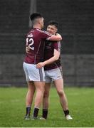 7 March 2020; Paul Kelly, left, and Tony Gill of Galway celebrate at the final whistle following their side's victory during the EirGrid Connacht GAA Football U20 Championship Final match between Galway and Roscommon at Tuam Stadium in Tuam, Galway. Photo by Seb Daly/Sportsfile