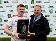 7 March 2020; Ethan Jordan of Tyrone receives the Man of the Match Award from Fergal Keenan, EirGrid agricultural liason officer, following the EirGrid Ulster GAA Football U20 Championship Final match between Tyrone and Donegal at St Tiernach's Park in Clones, Monaghan. Photo by Oliver McVeigh/Sportsfile