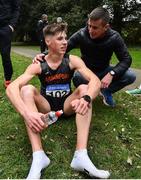 7 March 2020; David Kenny of Farranfore Maine Valley AC, Kerry, is congratulated by coach Rob Heffernan, right, following the Irish Life Health National 20k Walks Championships at St Anne's Park in Raheny, Dublin. Photo by Ramsey Cardy/Sportsfile