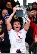 7 March 2020; Tyrone captain Antoin Fox lifts the cup following the EirGrid Ulster GAA Football U20 Championship Final match between Tyrone and Donegal at St Tiernach's Park in Clones, Monaghan. Photo by Oliver McVeigh/Sportsfile