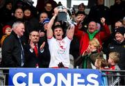 7 March 2020; Tyrone captain Antoin Fox lifts the cup following the EirGrid Ulster GAA Football U20 Championship Final match between Tyrone and Donegal at St Tiernach's Park in Clones, Monaghan. Photo by Oliver McVeigh/Sportsfile