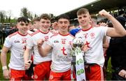 7 March 2020; Tomas Donaghy, Ryan Jones, Michael Gallagher and Antoin Fox of Tyrone celebrate after the EirGrid Ulster GAA Football U20 Championship Final match between Tyrone and Donegal at St Tiernach's Park in Clones, Monaghan. Photo by Oliver McVeigh/Sportsfile