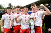 7 March 2020; Tomas Donaghy, Ryan Jones, Michael Gallagher and Antoin Fox of Tyrone celebrate after the EirGrid Ulster GAA Football U20 Championship Final match between Tyrone and Donegal at St Tiernach's Park in Clones, Monaghan. Photo by Oliver McVeigh/Sportsfile