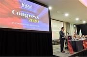 7 March 2020; LGFA President Elect Micheál Naughton makes a speech after winning the election during the LGFA Annual Congress 2020 at the Loughrea Hotel & Spa in Loughrea, Galway. Photo by Piaras Ó Mídheach/Sportsfile