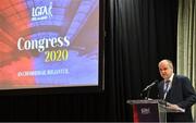 7 March 2020; Ladies Gaelic Football Association presidential candidate Liam McDonagh makes a speech before the vote during the LGFA Annual Congress 2020 at the Loughrea Hotel & Spa in Loughrea, Galway. Photo by Piaras Ó Mídheach/Sportsfile