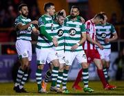 7 March 2020; Jack Byrne of Shamrock Rovers celebrates after scoring his side's first goal with team-mates, from left, Roberto Lopes, Aaron Greene and Greg Bolger during the SSE Airtricity League Premier Division match between Sligo Rovers and Shamrock Rovers at The Showgrounds in Sligo. Photo by Stephen McCarthy/Sportsfile