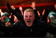 7 March 2020; A Shamrock Rovers supporter celebrates after his side's first goal, scored by Jack Byrne, during the SSE Airtricity League Premier Division match between Sligo Rovers and Shamrock Rovers at The Showgrounds in Sligo. Photo by Stephen McCarthy/Sportsfile