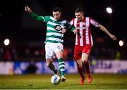 7 March 2020; Aaron Greene of Shamrock Rovers in action against Garry Buckley of Sligo Rovers during the SSE Airtricity League Premier Division match between Sligo Rovers and Shamrock Rovers at The Showgrounds in Sligo. Photo by Stephen McCarthy/Sportsfile
