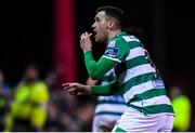 7 March 2020; Aaron Greene of Shamrock Rovers eats a chip that was thrown at him by Sligo Rovers supporters after scoring his side's third goal during the SSE Airtricity League Premier Division match between Sligo Rovers and Shamrock Rovers at The Showgrounds in Sligo. Photo by Stephen McCarthy/Sportsfile