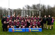 7 March 2020; NUIG captain Euan Ó Mathúna lifts the cup with team-mates following the Maxol Maughan Scally Cup match between Coleraine Ulster University and NUIG at NUI Galway Sports Facilities in Dangan, Galway. Photo by Matt Browne/Sportsfile