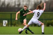 7 March 2020; Liadan Clynch of Republic of Ireland in action against Poppy Pritchard of England during the Women's Under-15s John Read Trophy match between Republic of Ireland and England at FAI National Training Centre in Dublin. Photo by Sam Barnes/Sportsfile
