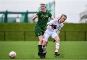7 March 2020; Katie Law of Republic of Ireland in action against Olivia Lowe of England during the Women's Under-15s John Read Trophy match between Republic of Ireland and England at FAI National Training Centre in Dublin. Photo by Sam Barnes/Sportsfile