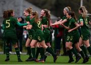 7 March 2020; Ellie Long of Republic of Ireland, centre, celebrates with team-mates after scoring her side's first goal during the Women's Under-15s John Read Trophy match between Republic of Ireland and England at FAI National Training Centre in Dublin. Photo by Sam Barnes/Sportsfile